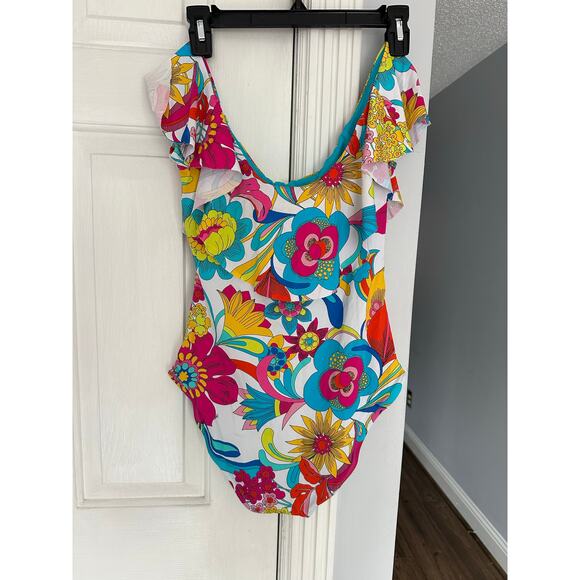 Trina Turk Fontaine Off The Shoulder Ruffle One Piece Swimsuit Sz 10 READ - Picture 3 of 11